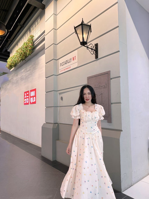 Aesthetic Floral Print Puff Sleeves Long Flowey Dresses